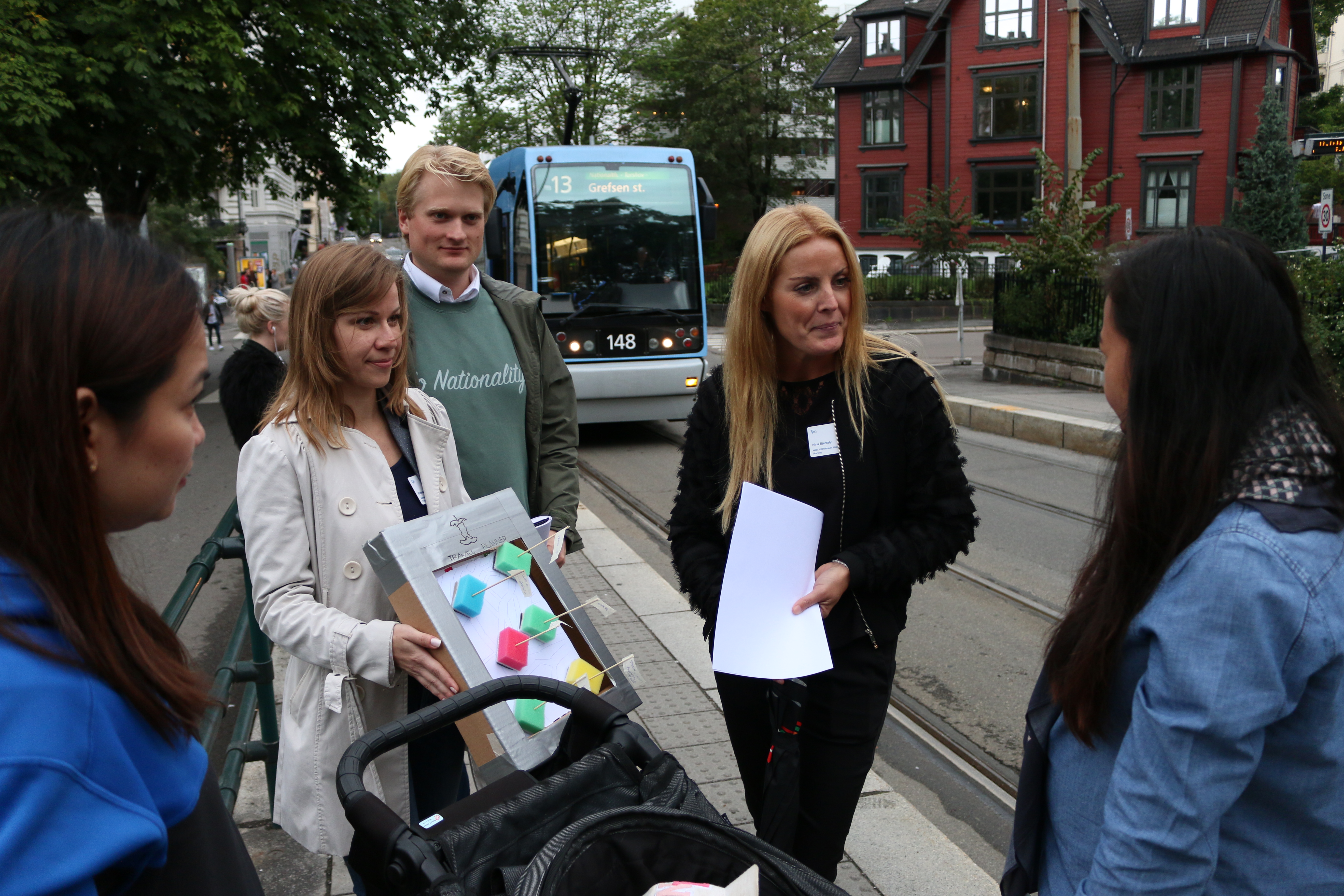 Some of the LePo candidates talking to users of the Oslo public transport system, proposing a solution prototype to test the user experience and sentiment.