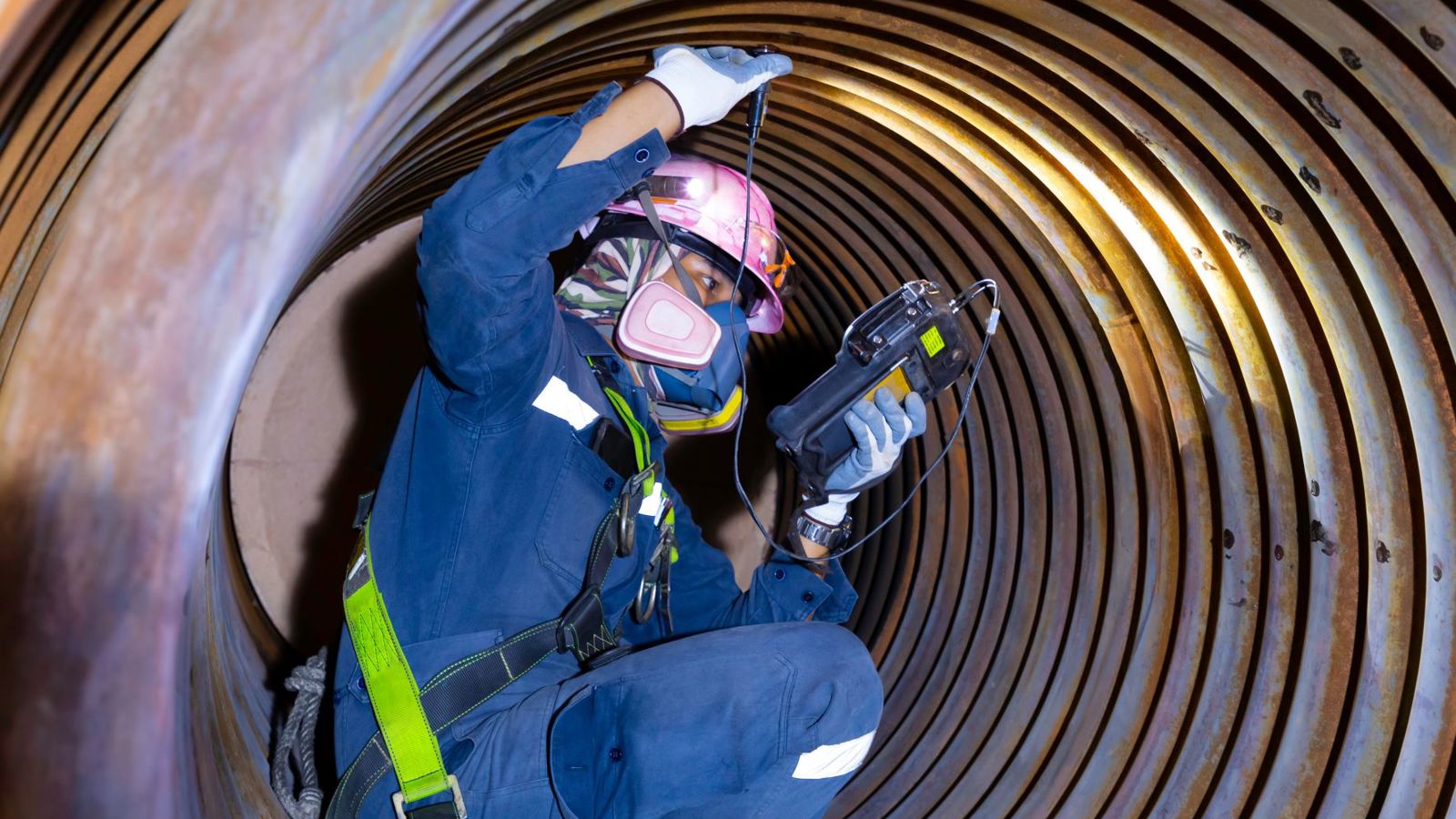 Man checking boiler wall thickness